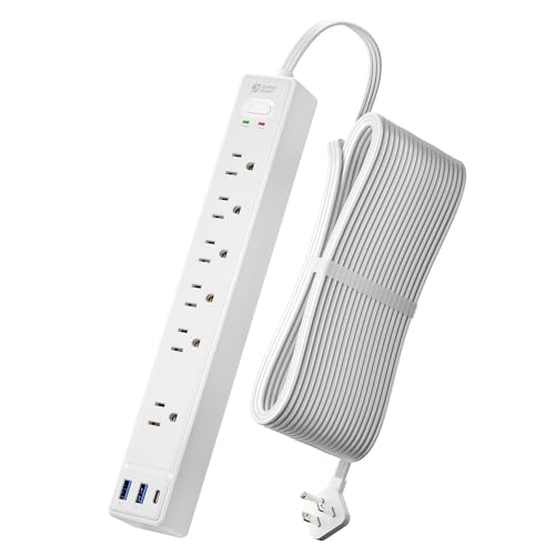 20Ft Long Extension Cord, SUPERDANNY Flat Plug Surge Protector Power Strip