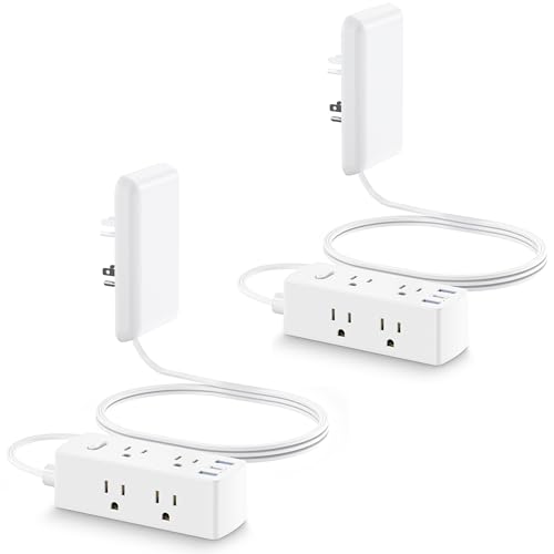 Olcorife Flat Extension Cord with Outlet Cover, Flat Plug Power Strip with 6 Outlets and 3 USB Ports, 5 FT Cord Hidden Outlet