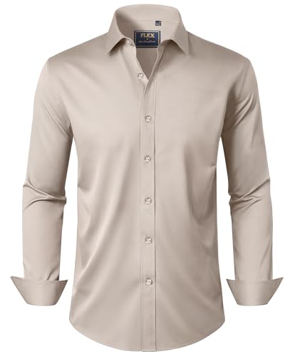 J.VER Men's Dress Shirts Solid Long Sleeve Stretch Wrinkle-Free Formal Shirt Business Casual Button Down Shirts Khaki Tan XXL