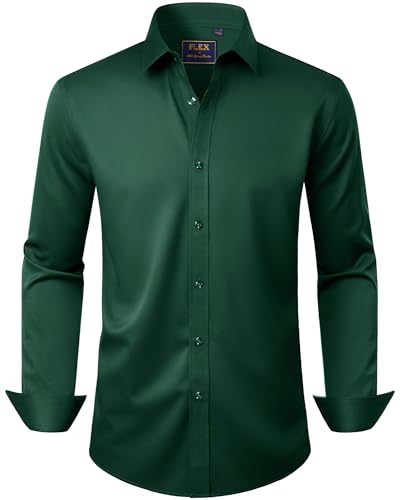 J.VER Men's Dress Shirts Long Sleeve Stretch Wrinkle-Free Formal Shirt Business Casual Button Down Shirts Emerald Dark Green