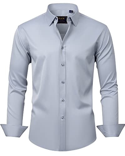 J.VER Men's Dress Shirts Solid Long Sleeve Stretch Wrinkle-Free Formal Shirt Business Casual Button Down Shirts Light Grey La