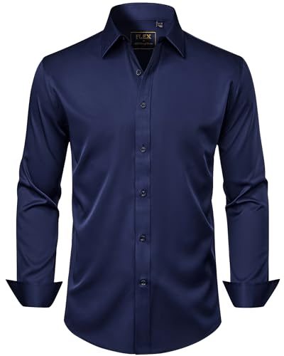 J.VER Men's Dress Shirts Solid Long Sleeve Stretch Wrinkle-Free Formal Shirt Business Casual Button Down Shirts Navy Blue 4XL