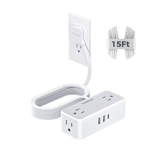 TESSAN Extension Cord 15 FT, Power Strip with 900J Surge Protection, Grey