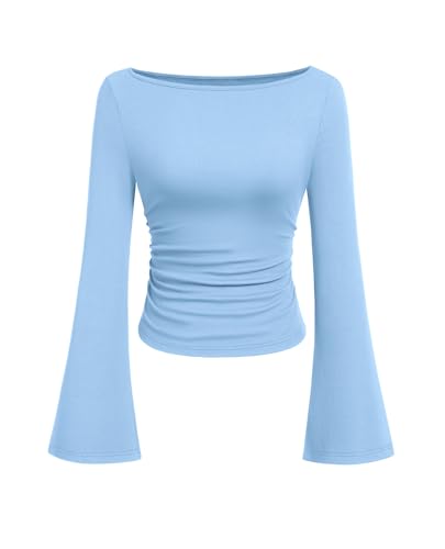 PRETTYGARDEN Womens Bell Long Sleeve Ribbed Knit Tops,Sky Blue,S