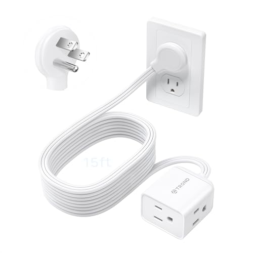 TROND Leftward Flat Plug Extension Cord 15ft for Small Tight Spaces, White