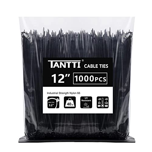 Zip Ties 12 inch, Black Zip Ties 1000 pack, 40lb, Cable Ties, Self-locking Wire ties for indoor and outdoor use, by Tantti