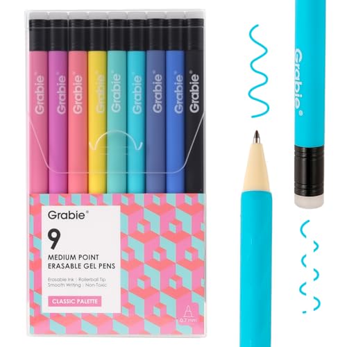 Grabie Erasable Gel Pens, 9 Medium Point 0.7 mm Pens, Classic