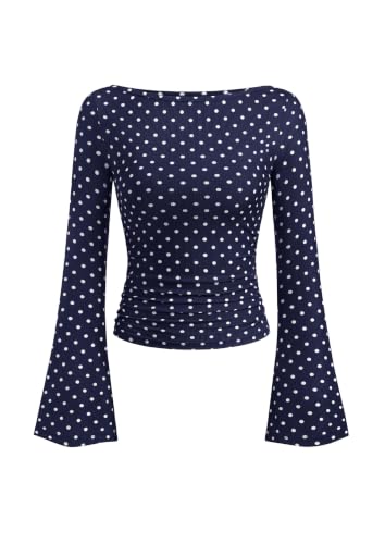 PRETTYGARDEN Womens Bell Long Sleeve Ribbed Knit Tops,Dot Navy White,L