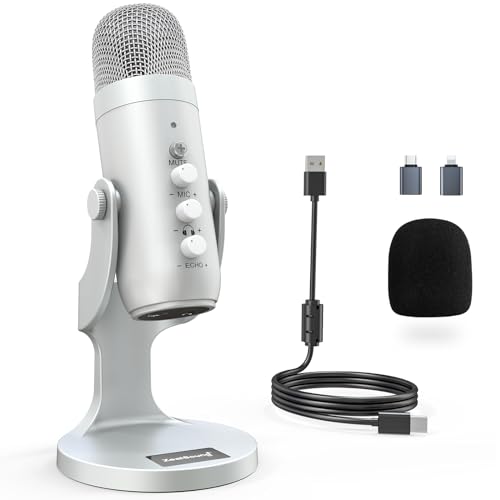 ZealSound Podcast Microphone for PC, Noise Cancellation USB Mic with Gain, Volume Adjustment & Mute Button, Monitoring & Echo