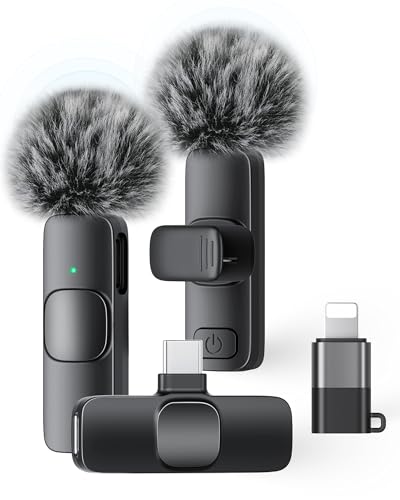KUKIHO Wireless Lavalier Microphone for iPhone iPad Android, 2 Pack Noise Reduction Lapel Mic Plug and Play for Video Recordi
