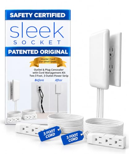 Sleek Socket Original & Patented Ultra-Thin Outlet Concealer with Cord Concealer Kit, Flat Extension Cord with Multi Outlets