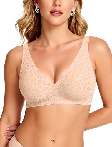 OEAK Womens Jelly Bras Wireless Deep V Comfy Push Up Tshirt Bras Leo XS