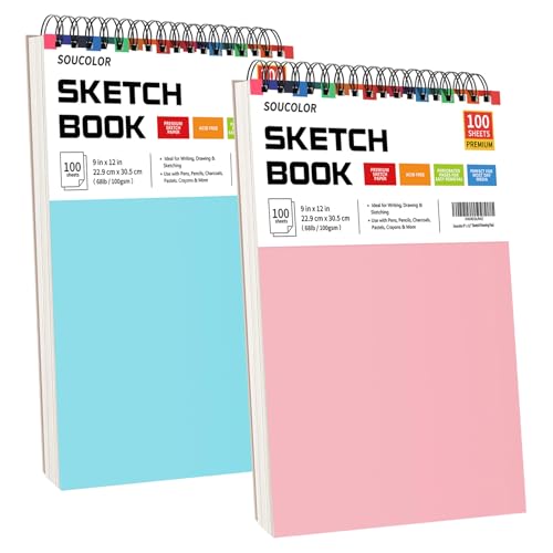Soucolor 9x12 Sketch Book 2-Pack, 100 Sheets, Acid-Free Drawing Pads