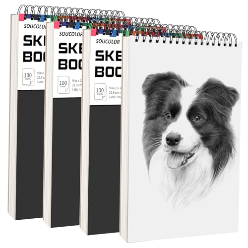 Soucolor Artist 9x12 Sketch Book Set, 4 Pack 400-Sheet Spiral Drawing Pads