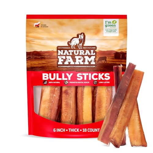 Natural Farm Odor-Free Thick Bully Sticks (6”, 18-pack) ALL-NATURAL Long-Lasting Dog Chews, 100% Beef Pizzle, Grass-Fed, Grai