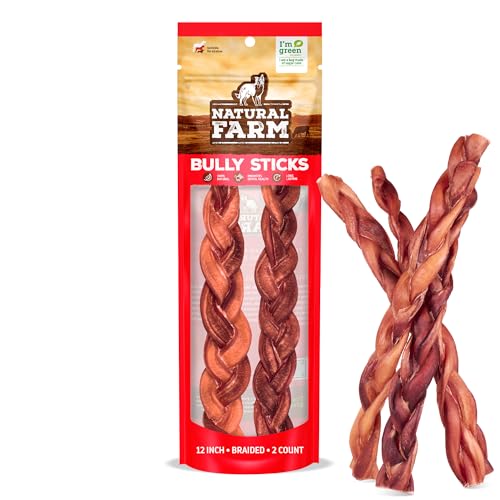 Natural Farm Odor-Free Braided Bully Sticks (12 Inch, 2 Pack) - 100% Grass-Fed Beef, Grain-Free, Low Fat & Fully Digestible D