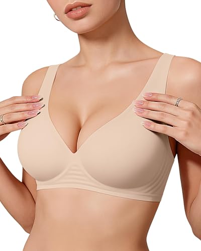 OEAK Womens Jelly Bras Wireless Deep V Comfy Push Up Tshirt Bras L