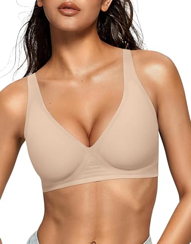 OEAK Womens Jelly Bras Wireless Deep V Comfy Push Up Tshirt Bras DRK XL