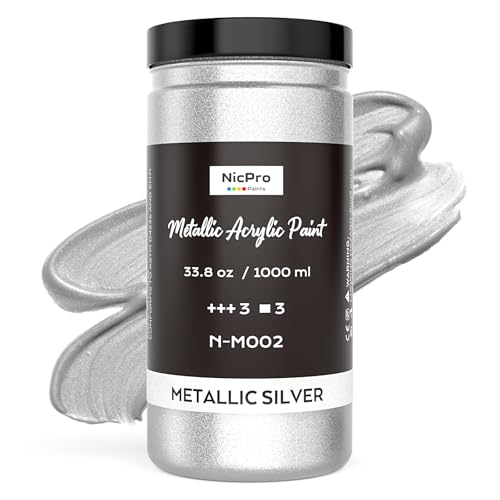 Nicpro Metallic Silver Acrylic Paint, 33.8oz/1000ml Large Silver Leaf Paint