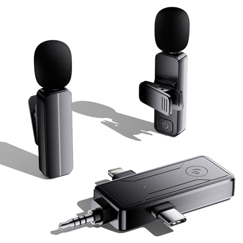 2-Pack Wireless Mini Lavalier Lapel Microphone for iPhone,Android Device(3 in 1) - 65ft Cordless Clip on Dual Mics with Noise