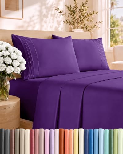 King Size 4 Piece Sheet Set - Comfy Breathable & Cooling Sheets - Purple