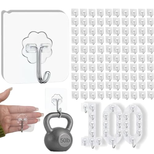 DDMY 100 Pack Heavy Duty Self Adhesive Hooks 50 lbs Transparent Reusable Sticky Wall Hooks for Hanging Waterproof Adhesive Ho