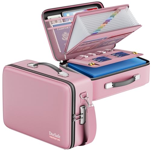 DocSafe Fireproof Document Box with Lock&Shoulder Strap,Hard Case File Organizer with Accordion File Folder,Multi-Layer Porta