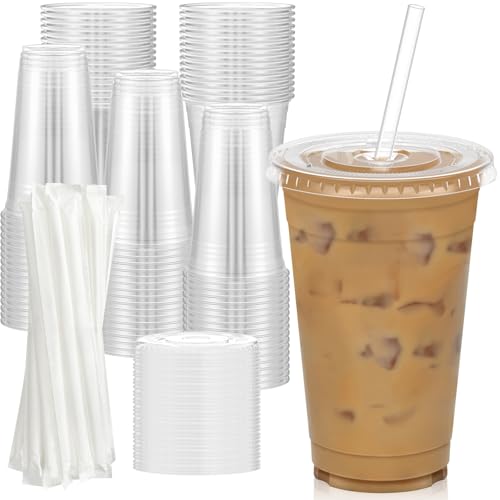 Dealusy 100 Pack - 20 oz Clear Plastic Cups with Lids and Straws