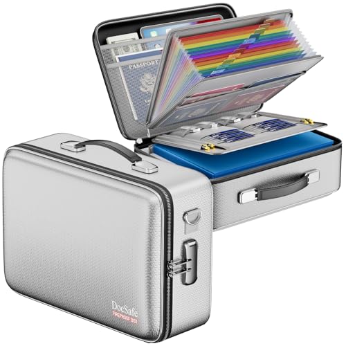 DocSafe Fireproof Document Box Hard Case with Lock & Accordion File Folder
