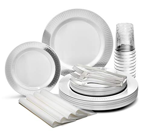 " OCCASIONS " 200pcs set (25 Guests)-Heavyweight Wedding Party Disposable Plastic Plate Set -25 x10.5'' + 25 x7.5'' +Silverwa