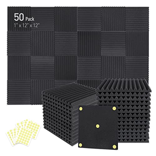 Focusound 50 Pack Acoustic Foam Panels 1" x 12" x 12" Sound Proof Foam Panles Soundproofing Noise Cancelling Wedge Panels for