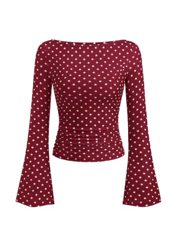 PRETTYGARDEN Womens Bell Long Sleeve Ribbed Knit Tops,Dot Wine White,S
