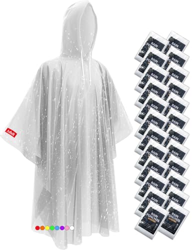 Disposable Rain Ponchos - Extra Long Waterproof Emergency Poncho with Hood for Adults, Bulk Family 24 Pack Raincoat for Park,