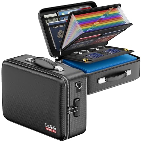 DocSafe Fireproof Document Box Hard Case with Lock & Accordion File Folder