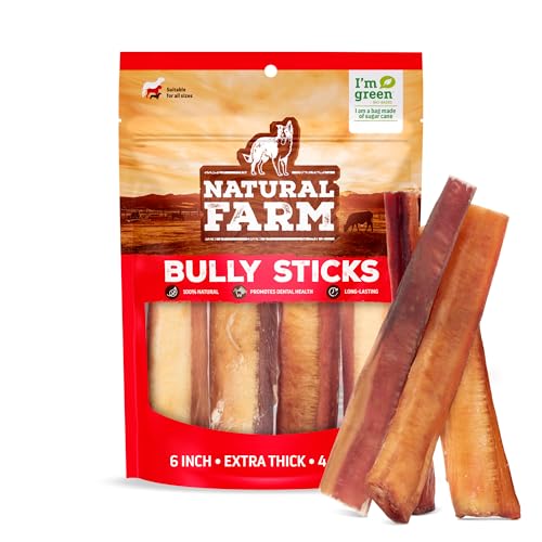 Natural Farm Jumbo Bully Sticks (6 Inch, 4 Pack), Odor Free, Extra-Thick Dog Chews - Fully Digestible 100% Beef Treats, Suppo