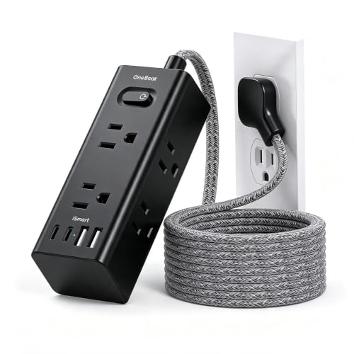 One Beat 5 Ft Surge Protector Power Strip, Flat Plug Extension Cord, Black