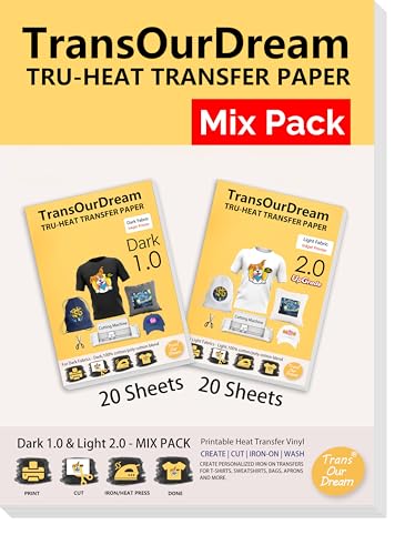 TransOurDream Tru-Iron on Heat Transfer Paper for Dark and Light T Shirts (20+20 Sheets, 8.5x11", Mix Pack) Printable HTV Hea