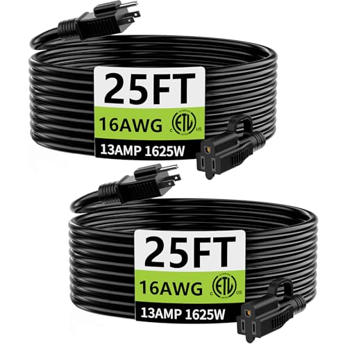 HUANCHAIN Indoor Outdoor Black Extension Cord 25 ft 2 Pack Waterproof, 16/3 Gauge Flexible Cold-Resistant Appliance Cable Out