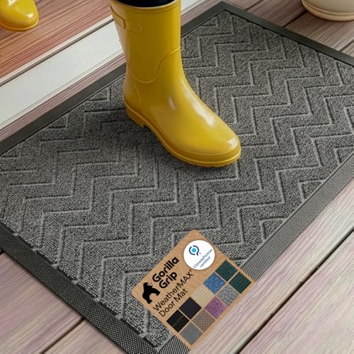 GORILLA GRIP WeatherMAX Door Mat, Indoor Outdoor Use, 35x23, Silver Chevron