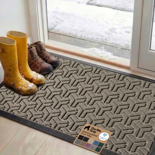 GORILLA GRIP WeatherMAX Door Mat, Indoor Outdoor Use, 47x35, Gray Geometric