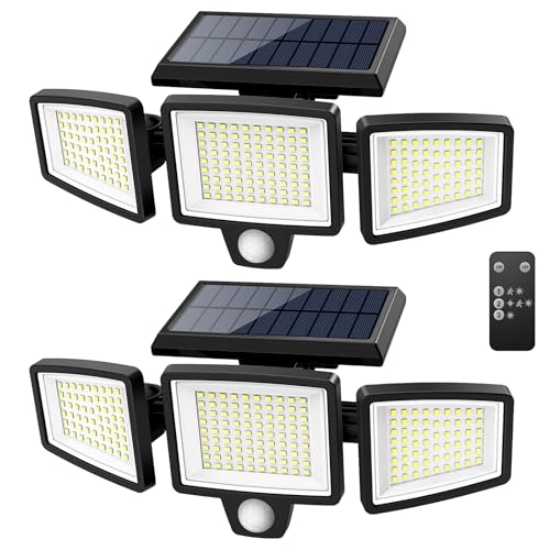 Tuffenough Solar Outdoor Lights 2500LM 210 LED Security Lights with Remote Control,3 Heads Motion Sensor Lights, IP65 Waterpr