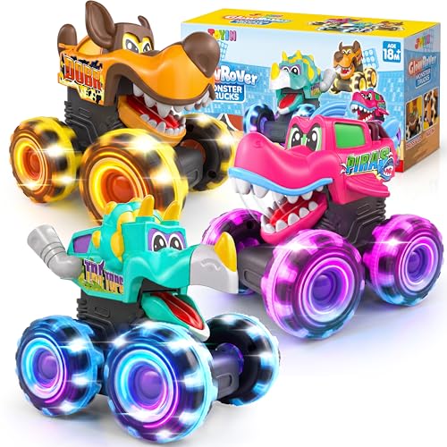 JOYIN 3 Pack Monster Truck Toys for Boys, Motion Activated Glow Rover Monster Trucks for Kids, Monster Light Up LED Wheels, K