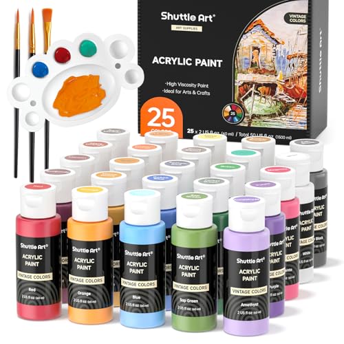 Shuttle Art Acrylic Paint Set, 25 Vintage Colours, 2oz/60ml Bottles, Rich Pigmented, Premium Acrylic Paints for Artists, Begi