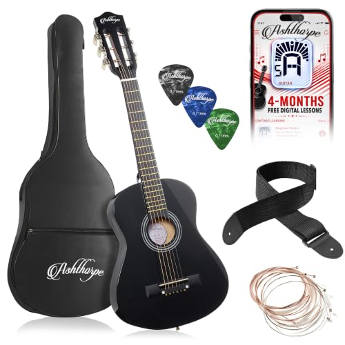 Ashthorpe 30-inch Kids Acoustic Guitar (Black), Beginner Starter Kit with Gig Bag, Extra Strings, Strap, Picks, and Lessons