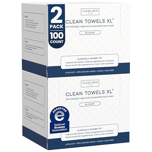Clean Skin Club Clean Towels XL®, 100% USDA Biobased Face Towel, Disposable Face Towelette, Eczema Association Accepted, Make