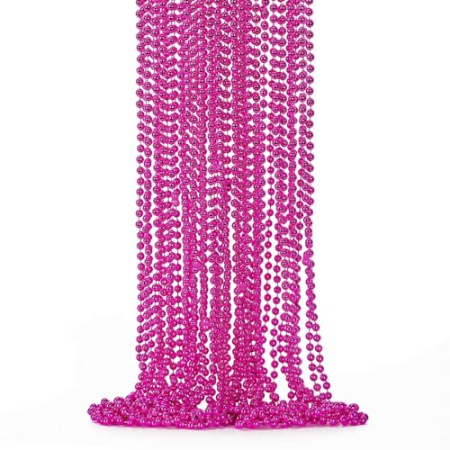 144PCS Bead Necklace, Mardi Gras Pink Bead Necklaces Party Favors, Metallic 33" Mardi Gras Round Beaded Necklace Stuff, Festi