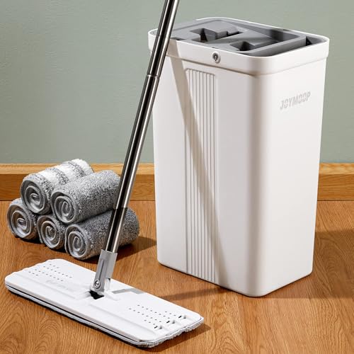 JOYMOOP Flat Mop System, Microfiber Mop and Bucket Set, White, Household & Commercial Floor Cleaning Mop with Long Handle, We