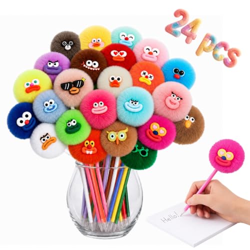 CZWZ 24 Pack Pom Pom Pens Fluffy Cute Pens - Funny Emoji Face Kawaii Plush Novelty Gel Ink Pens 0.5mm for Kids Girls, Classro