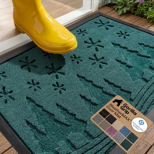 GORILLA GRIP WeatherMAX Door Mat, Indoor Outdoor, 29x17, Green Snowscape
