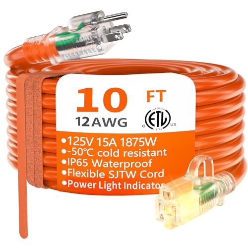 HUANCHAIN 10FT 12 Gauge Extension Cord Orange, Outdoor Electric Cable